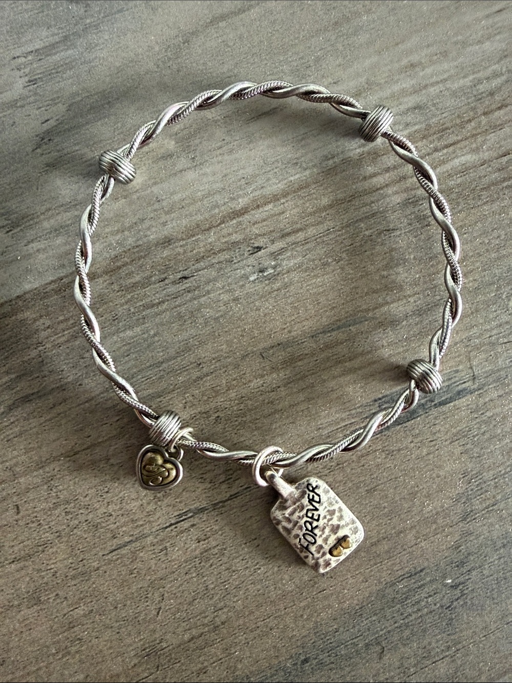 Brighton Silver-Tone Twisted Wire Bangle with 'Forever' Tag
